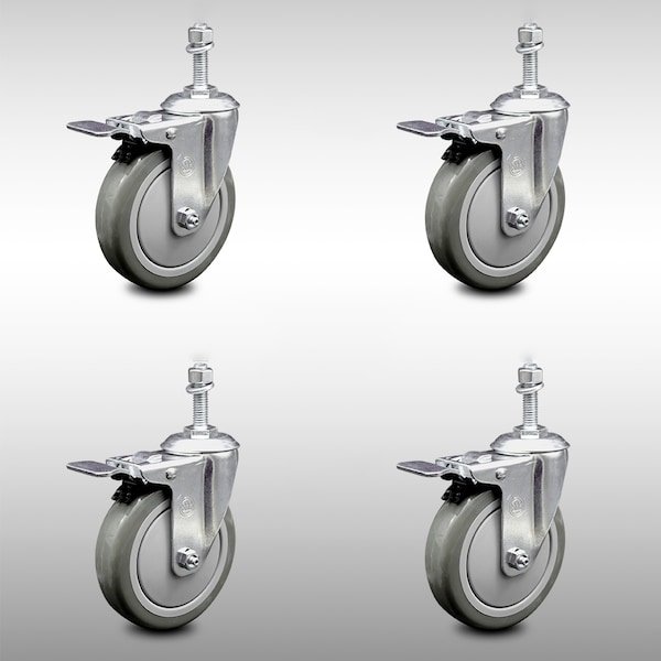 Service Caster 5 Inch SS Gray Polyurethane 10mm Threaded Stem Caster Set Total Lock Brake SCC-SSTSTTL20S514-PPUB-M1015-4 - main